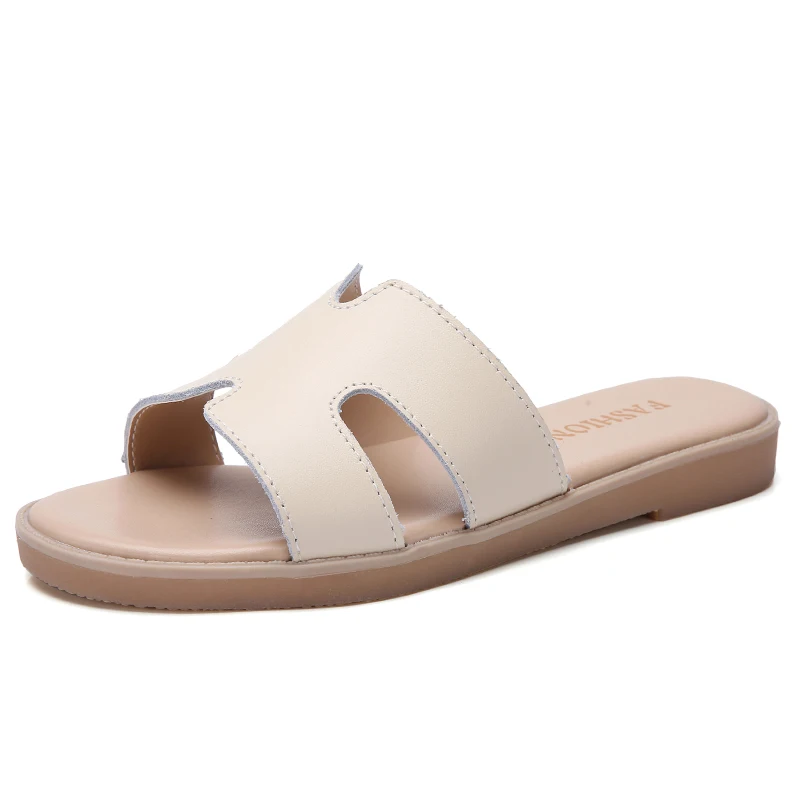 

New Top Quality Women Flip Flops Genuine Leathe Sandals Soft Slippers Fashion White H-type Student Non-slip Leisure Beach Slides