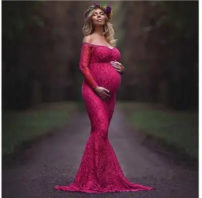 Новое Кружевное платье для беременных фотография Опора сексуальное свадебное платье с открытыми плечами платье русалки для беременных женщин плюс размер - Цвет: Hot Pink