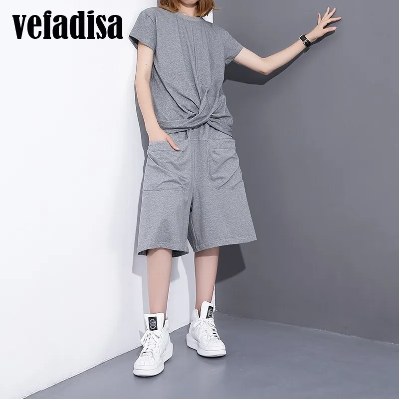 Vefadisa2017 Novo Verão de Algodão de Manga Curta Ruched T Em Torno Do Pescoço Shirt + Cintura Elástica Cor Sólida Na Altura Do Joelho Shorts Soltos AL899