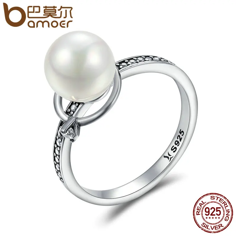 

BAMOER Authentic 925 Sterling Silver Luminous CZ & Imitation Pearl Finger Rings for Women Luxury Sterling Silver Jewelry SCR167
