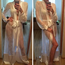 Women Sexy Robes Long Silk Lace Kimono Dressing Gown Bath Robe Babydoll Lingerie See Through Nightdress Robes
