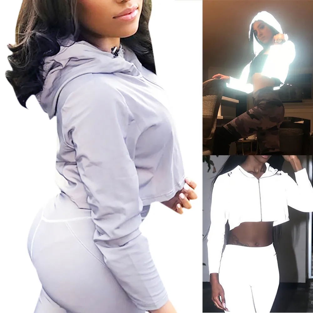 

Women's Flash Casual Hoodie Splice Drawstring Jacket Coat Reflective sweater hooded drawstring stitching top