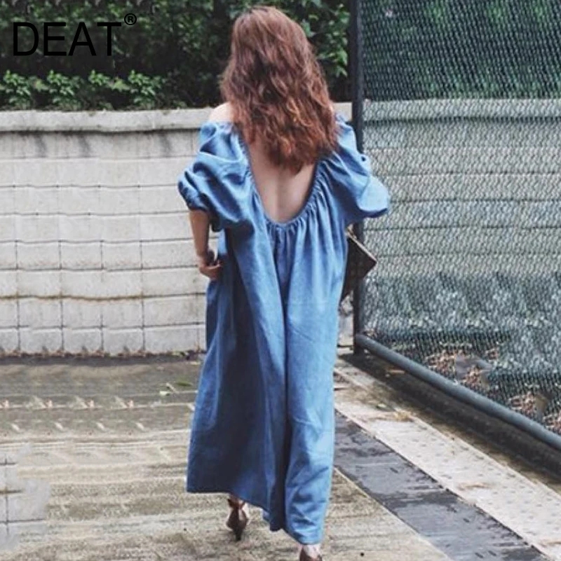 

[DEAT] 2019 New Spring Summer Round Neck Long Sleeve Blue Denim Loose Long Big Size Backless Dress Women Fashion Tide JT69