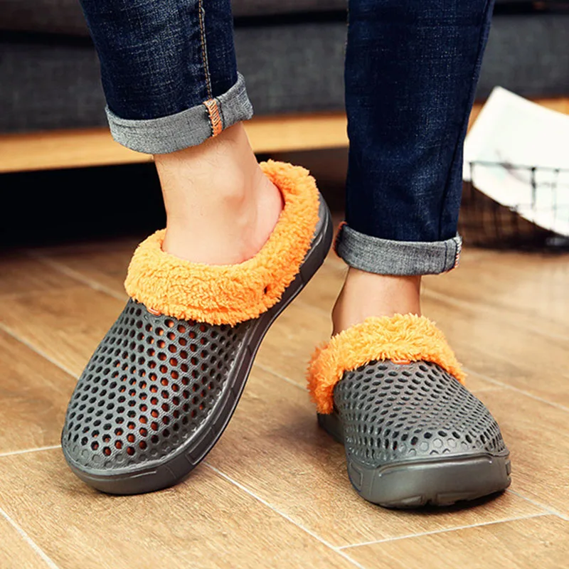 Kopen KESMALL Casual Crocus Klompen Met Bont Winter Schoenen Voor Mannen Zachte Pluche Slippers Fleece Voering Thuis Vloer Warm Slipper Mannen schoenen