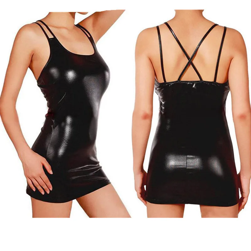 Women Black Sexy Leather Dresses 2