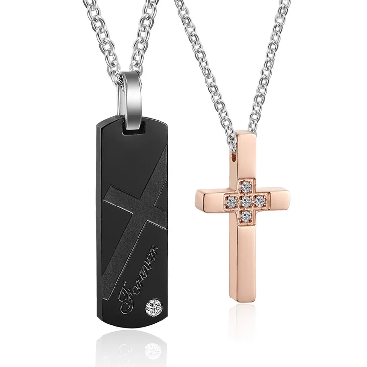 

New Stainless Steel Tag Pendant Necklace Mens Fashion Cross Crystal Necklaces Pendants Jewelry Gift 1Pair