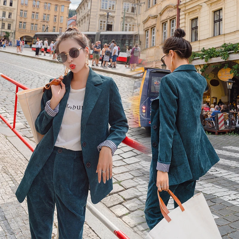 

Autumn Women Sweatsuit 2018 New Fashion Corduroy Tracksuit Female Office Ladies Suits Matching Sets Two Piece Set Top and Pants