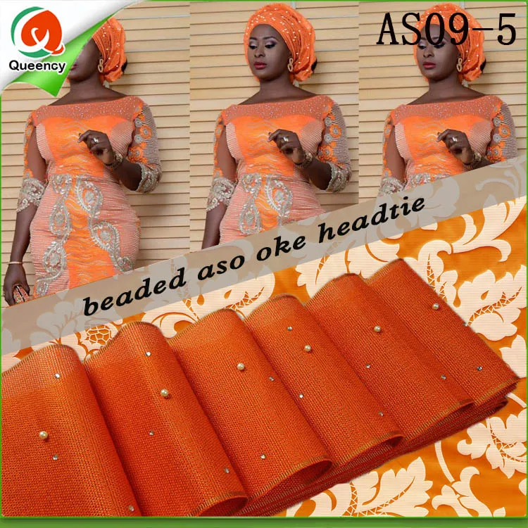 

AS09Multi-colored beaded aso ebi headtie African plain aso oke with stones and beads length 17.2meters wrapper and headtie gele.