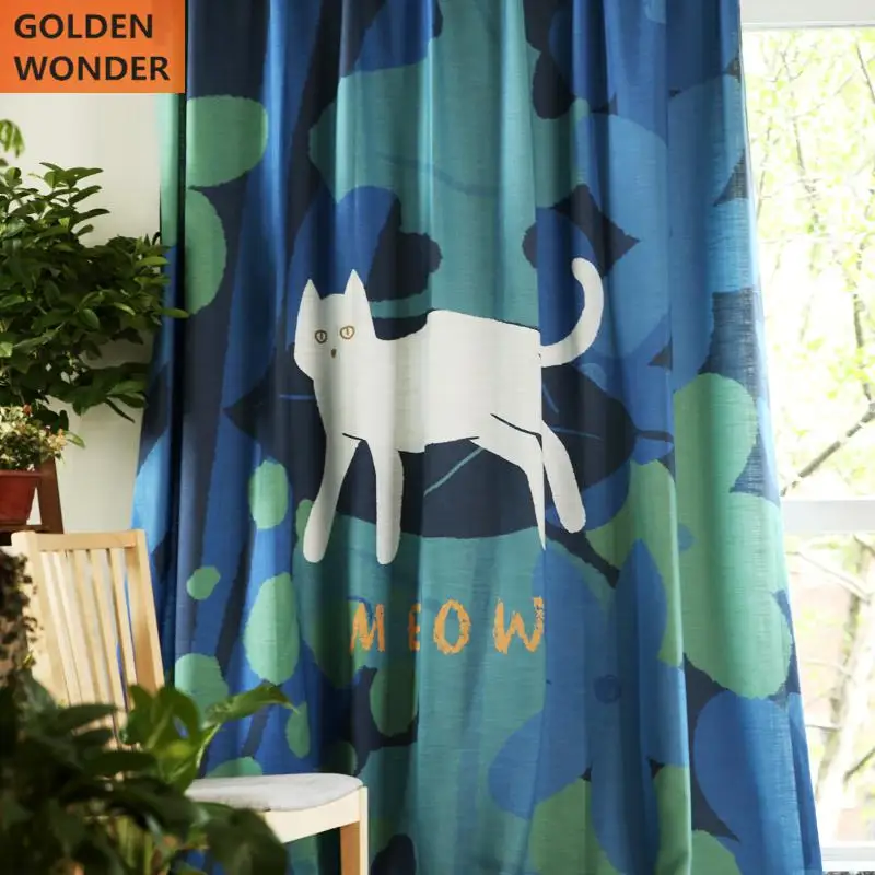 

Beautiful Curtains For Living Room For Children Bedroom Drapes Screen Cat Blue Color Cartoon Printing Healthy Fabric