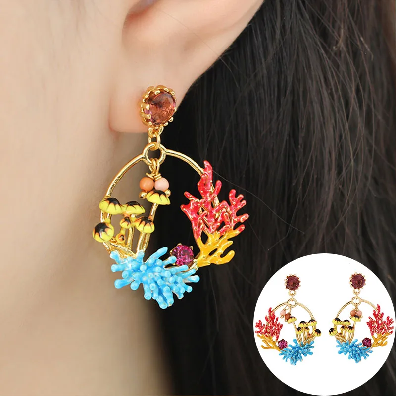 

Statement Luxury Romantic Coral Mushroom Gem Drop Earrings For Women Enamel Glaze Jewelry Fashion Lady Party Dress Accessories