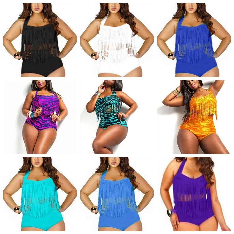 2016 Whole Sale Plus Size Bikini Set Tassel Women Sexy Retro Padded Push Up High Waist