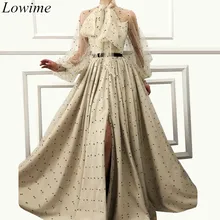 Newest Muslim Dubai Celebrity Dresses Long Arabic Couture Red Carpet Gowns With Sashes Long Sleeves Illusion Robe De Soiree