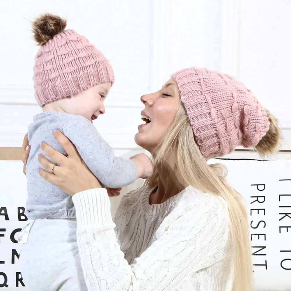 

Mom and Baby Warm Winter Cute Crochet Knit Hat Beanie Cap Fur Pompom Bobble Hats For Children Girl Boy Kids Soft Caps