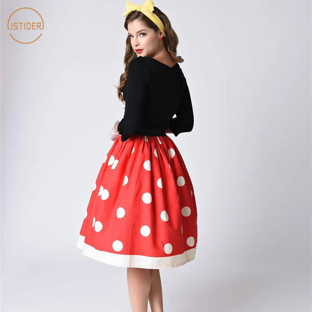 

ISTider New Skirts Womens Fashion Cartoon White Dots Red Skirt Summer Women High Waist Skirt 2017 Girls Lovely saia midi