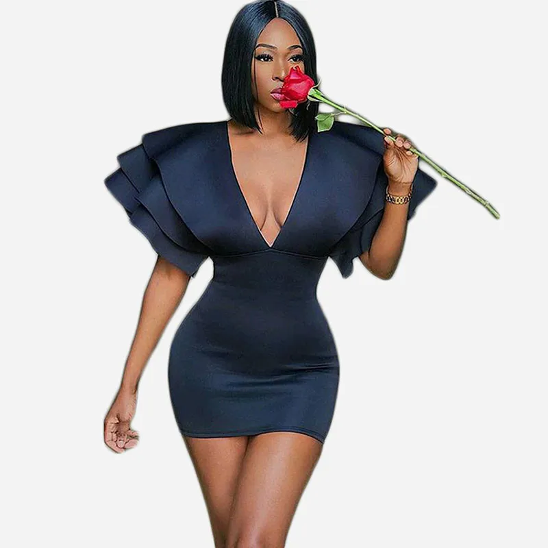 

2019 Summer Runway Sexy Bandage Dress Women Elegant Deep V-Neck Petal Sleeve Bodycon Mini Dress Celebrity Party Dresses Clubwear