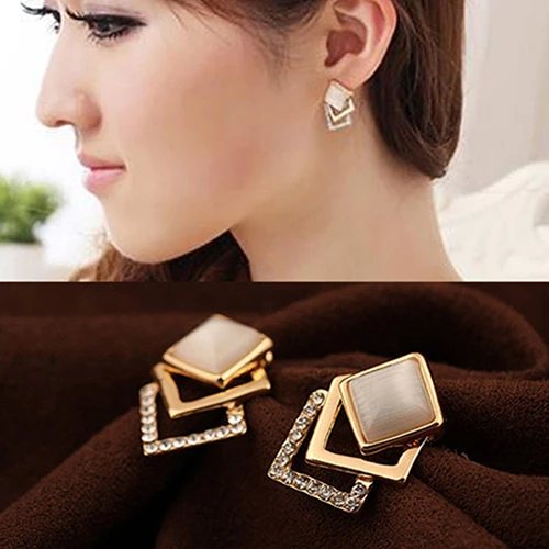 New 1 Pair Women Fashion Elegant Ear Stud Hollow Square Jewelry Golden