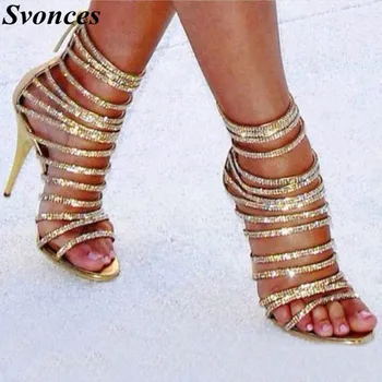 

Gold Crystals Open Toe High Heels Stilettos Elegant Rhinestones Strappy Sandals Gladiator Summer High Heel Sandals Women Wedding