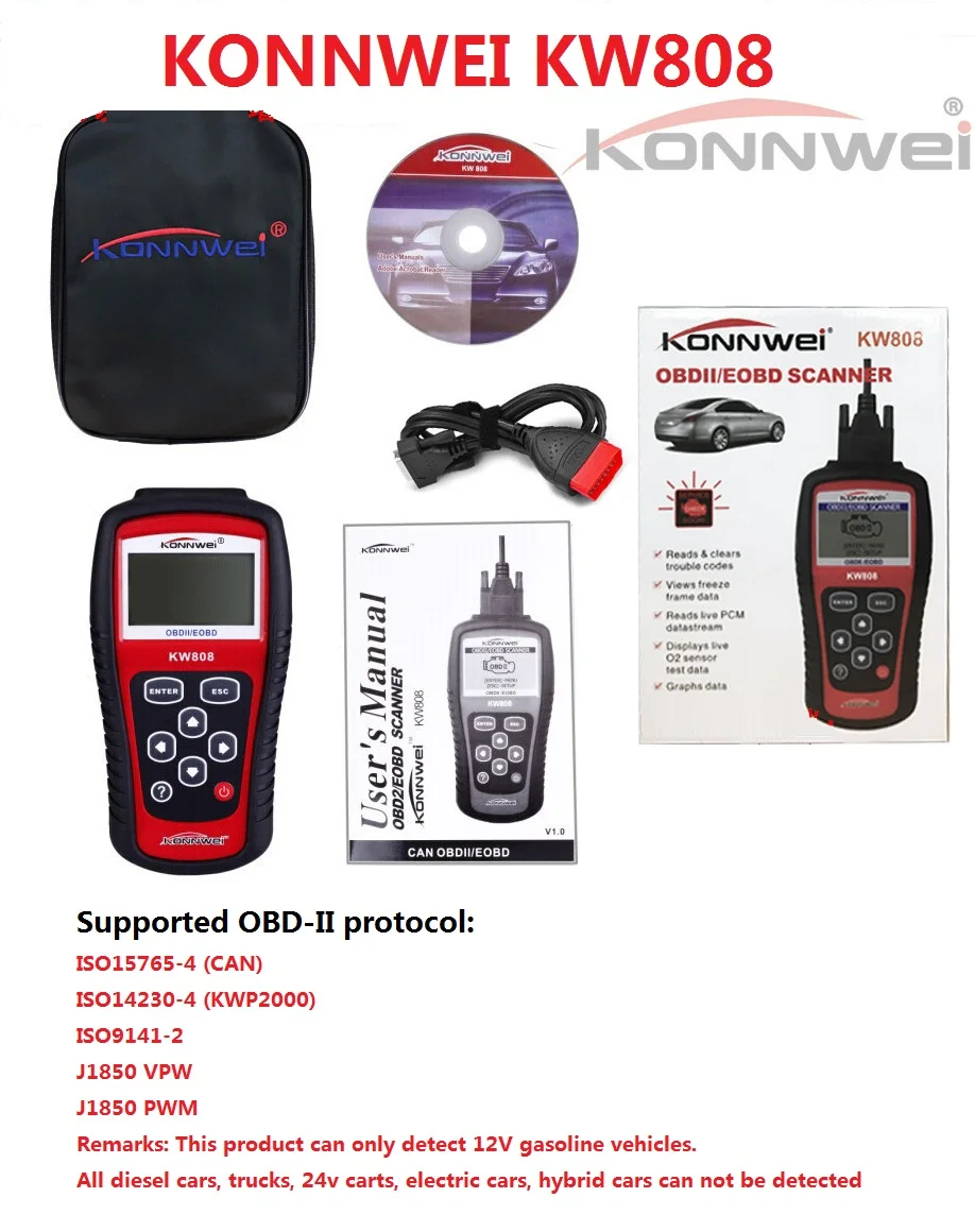 

Hot Sale KONNWEI KW808 OBDII / EOBD Auto Code Reader work for US/Asian/European vehicles