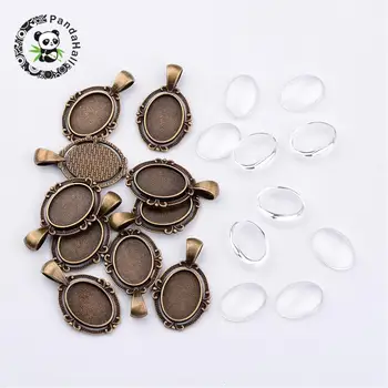 

Antique Bronze Tibetan Style Alloy Pendant Cabochon Settings with Clear Glass Cabochons Cadmium Free & Nickel Free & Lead Free