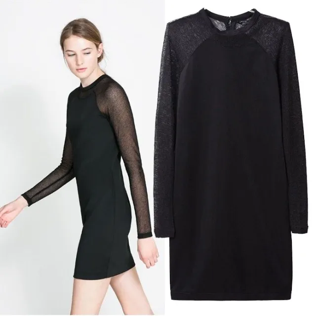 Spring 2014 in Europe and America stitching round neck long-sleeved knit dress Slim was thin | Женская одежда