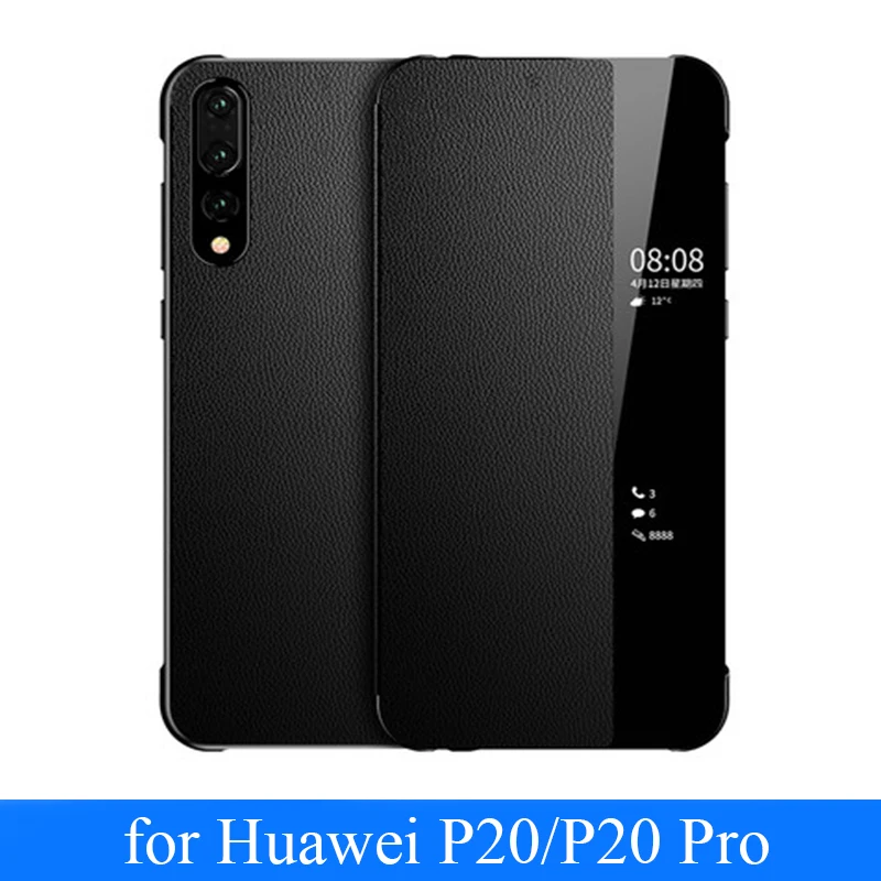 Kopen Voor Huawei P20 Open Window View Flip Lederen Cover Fundas Skin Smart On off Case voor Huawei P20 pro + Screen Protector