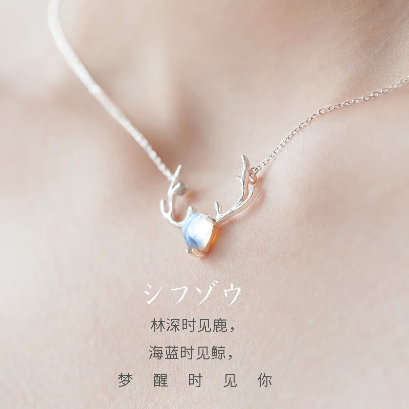 colorful elk moonlight stone women necklace 100% 925 Sterling silver nacklace Jewellery Clavicle chain pendant charms gift