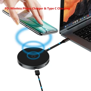 

Portable ABS USB C Hub Adapter Multi function USB Adapter4K HDMI Output QI Type-C Wireless Charger SD/TF Card Reader