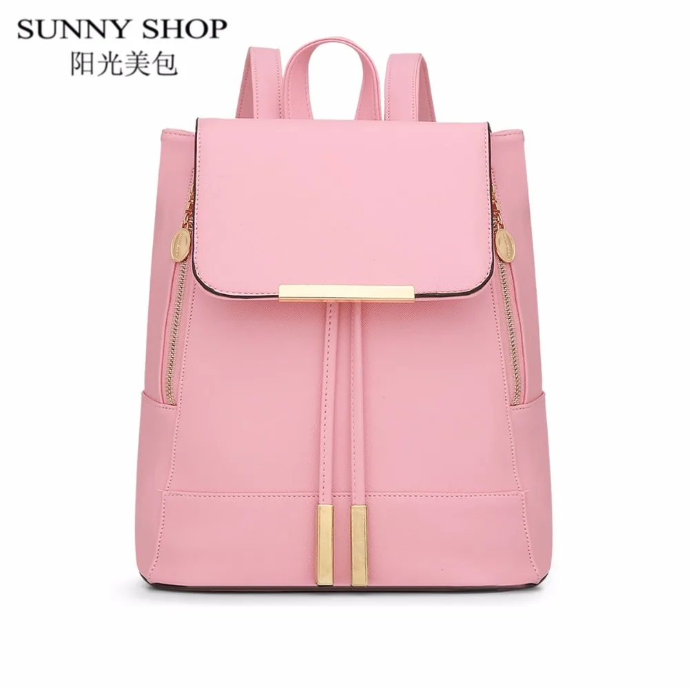 SUNNY SHOP Candy Color Leather Backpack Women Travel mochila School Bags For Teenage Girls Vintage Drawstring