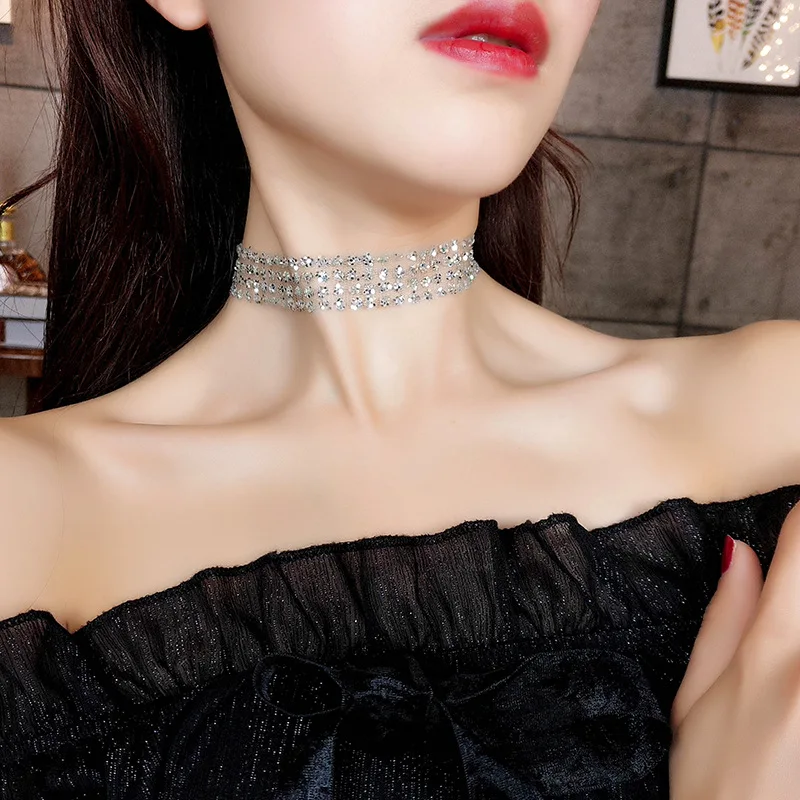 

Silver Color Sexy Lace Sequins Choker Necklaces For Women Bohemia Invisible Neck Chain Chocker Collar Statement Necklace QW5
