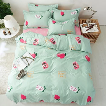 

Fresh Green Color With Red Strawberry Print Girls Duvet Cover Twin Queen Size Pink Strawberry Princess Bedding Sheet Sets Twin