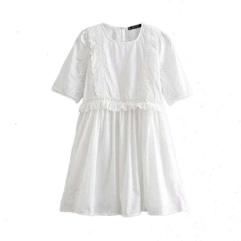 

Sweet Dress Summer Women Women Hollow Solid Casual O-Neck Lace Short Dress Vintage A-Line Slim Above Knee Female Sundress