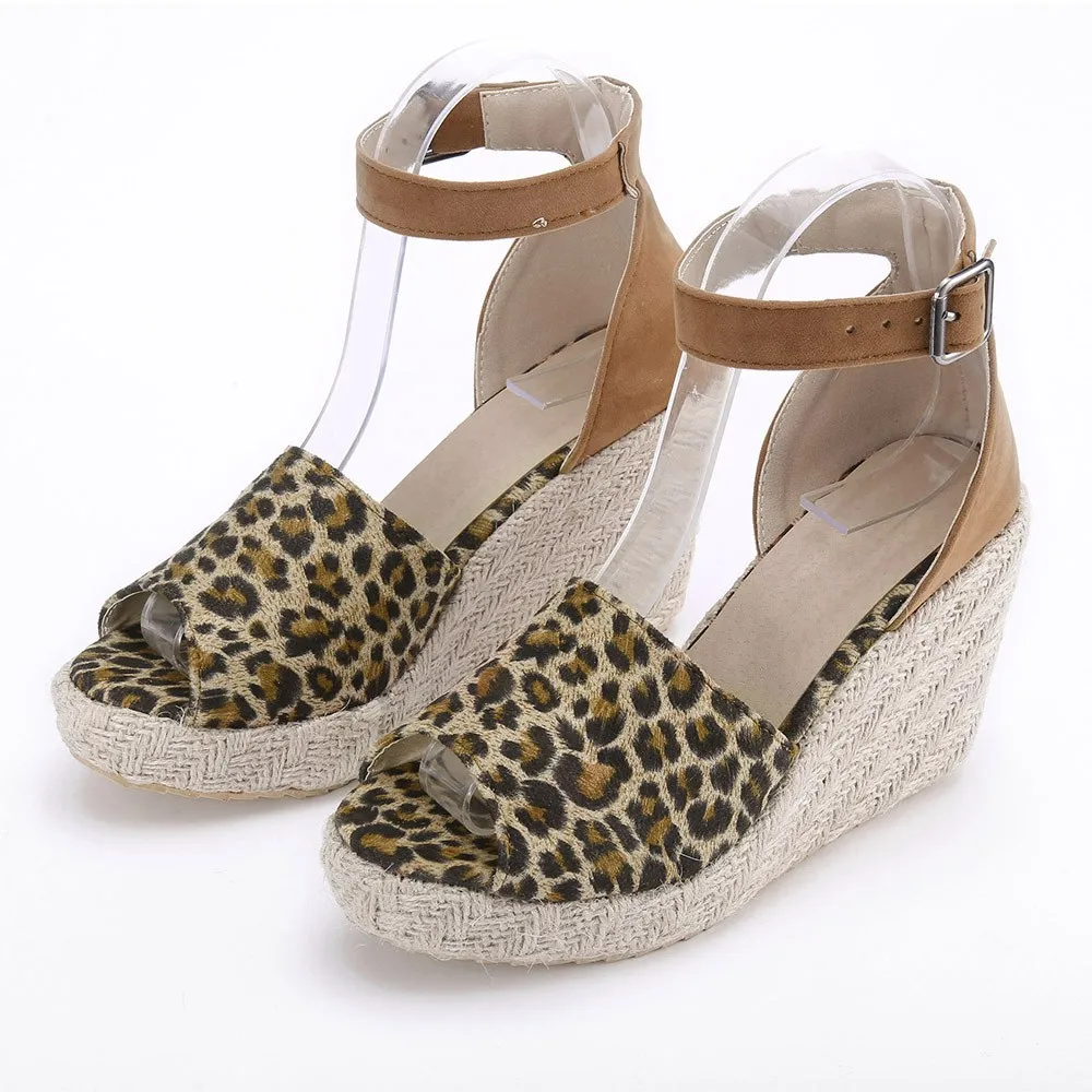 

sandals women sandalias mujer Casual Shoes Sandalias Mujer Sweet High Heel Wedge Platform Leopard Buckle Ankle Platform Sandals