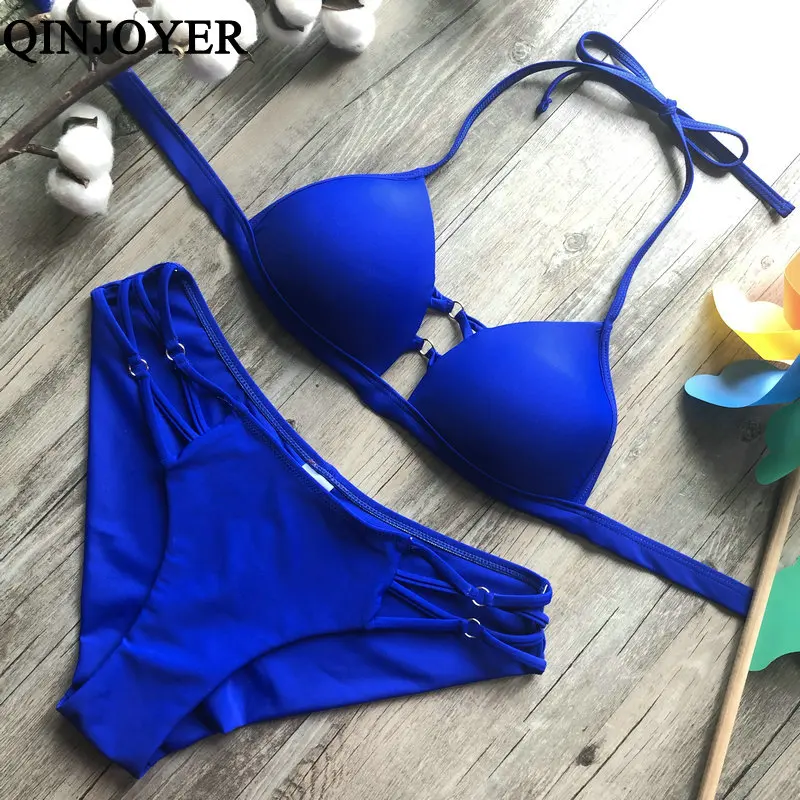 Conjunto de Bikini Sexy con tiras Halter traje de baño sin espalda traje de baño para mujer Bikini negro sólido brasileño Biquini Push Up traje de baño Conjunto de Bikini Sexy con tiras Halter traje de baño sin espalda traje de baño para mujer Bikini negro sólido brasileño Biquini Push Up traje de baño
