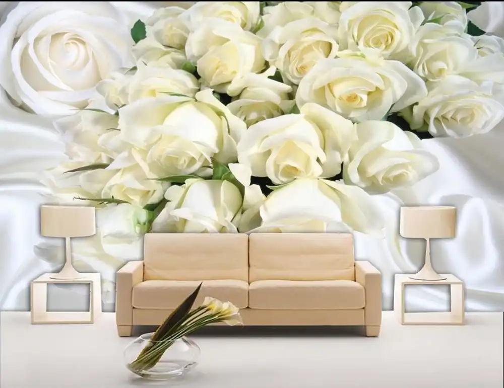 Custom 3d Wall Mural Photo Paper White Silk Roses Backdrops for Living Room 