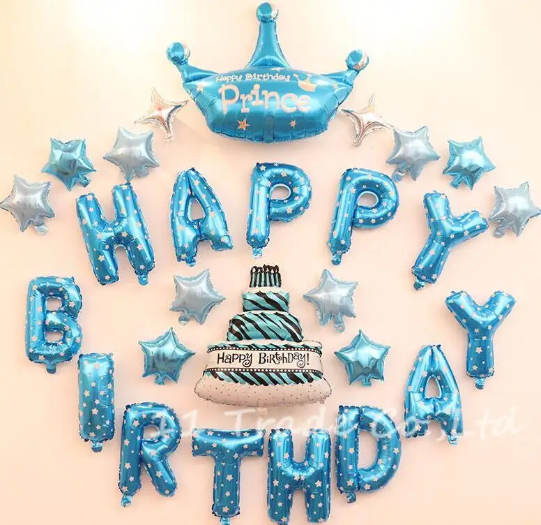 

27pcs/set Baby Shower Big Crown Foil Balloons Happy Birthday party Prince Balloon Decor Supplies Cake Sky Blue Stars Globos Toys