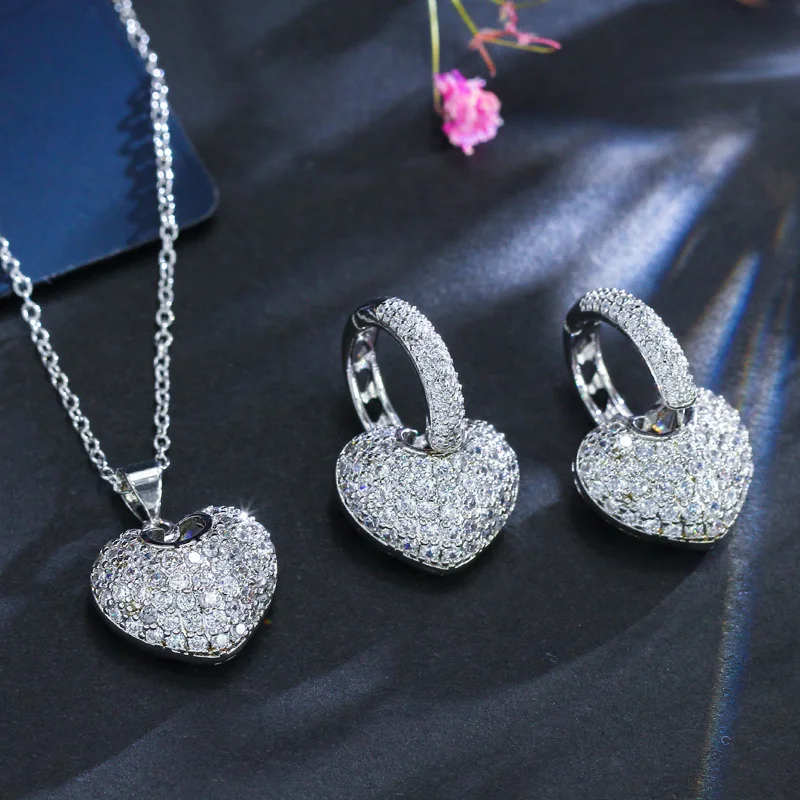 CWWZircons Micro Pave кубический цирконий розовое золото цвет сердце серьги кольца и ожерелье известный бренд Ювелирные наборы для женщин T082