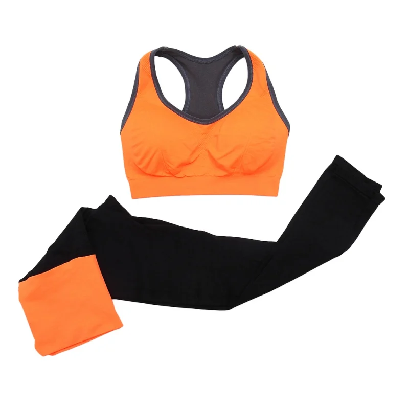 2 шт. женские колготки для йоги+ леггинсы бесшовный комплект фитнес бег тренировочные спортивные аксессуары - Цвет: Оранжевый