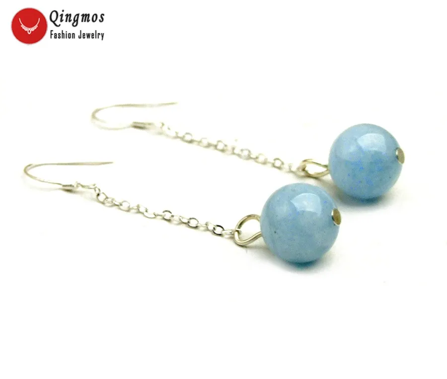 

Qingmos Trendy Natural Aquamarines Earring for Women with 12mm Round Blue Aquamarines Dangle Earring Jewelry Silver S925 Hook
