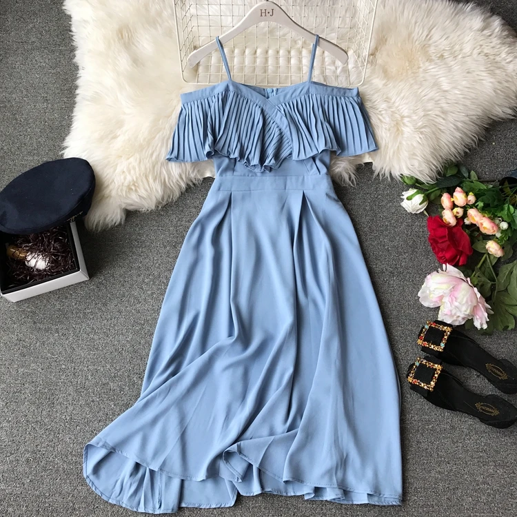 

2019 New Women Chiffon Pleated Off-shoulders Sling Spaghetti Strap Long Dress Ladies Ruffles Empire Drapped Swing Slip Dress