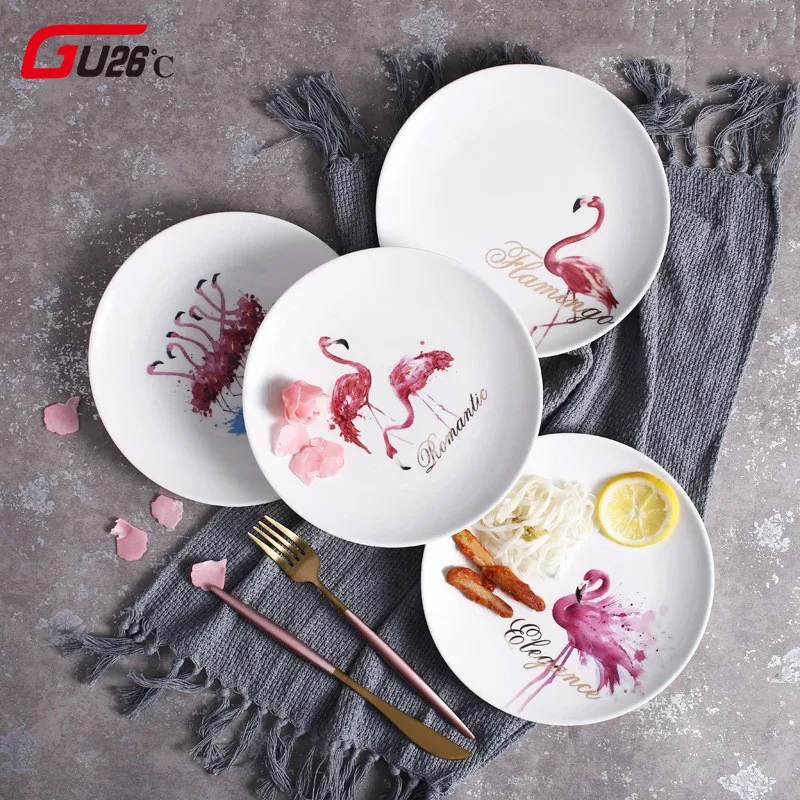 

Elegant Pink Flamingo Ceramic Dinner Plates White Porcelain Tray Dishes For Restaurant Serving Dessert Food Plate For Party Gift