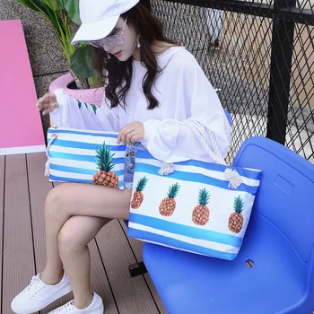 

2 PCS/SET Coconut Pineapple Print Women Bag Large Capacity Handbag Shoulder Bag Female Casual Summer Beach Bag Canvas Bucket