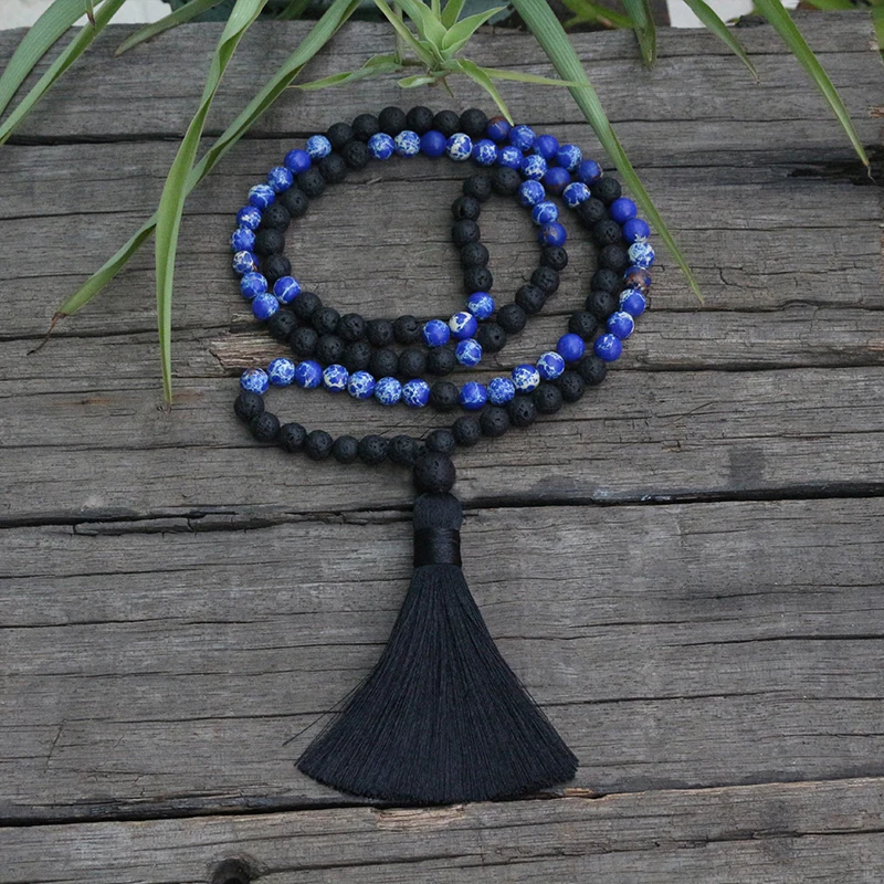 

100% 8mm, 6mm, 4mm, Natural Beads, Lava, Blue Variscite, JapaMala, Yoga Necklace, Spiritual Jewelry, Meditation, 108 Mala Bead