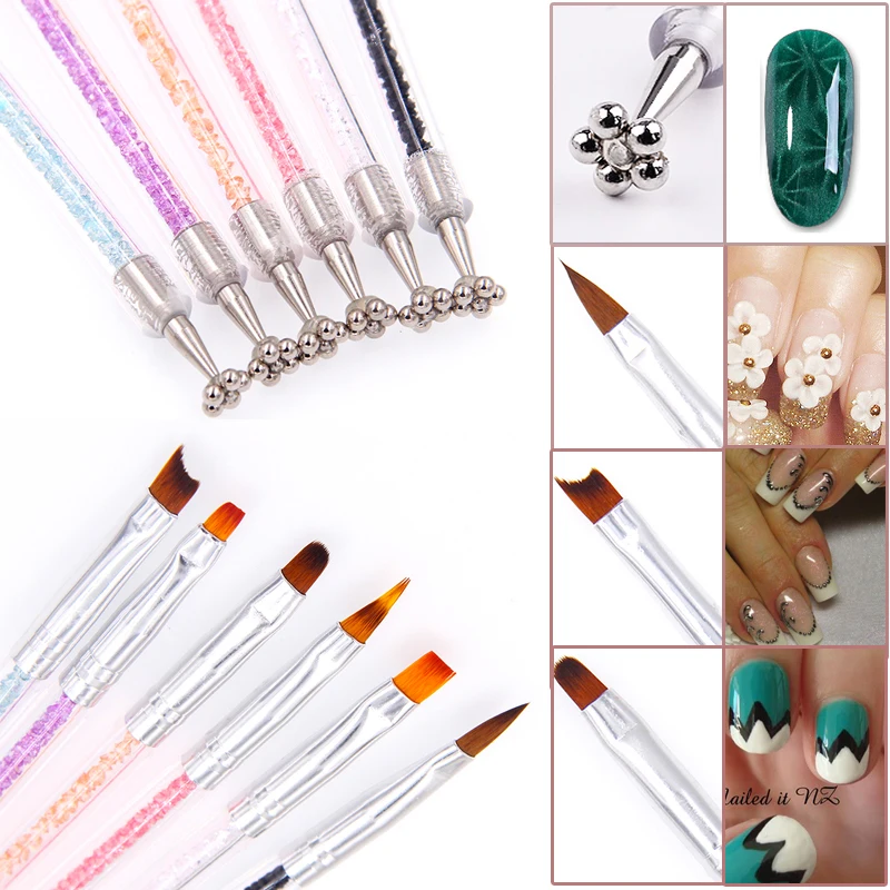 6 Styles Rhinestone Acrylic Handle Brushes Nail Art Acrylic UV Gel