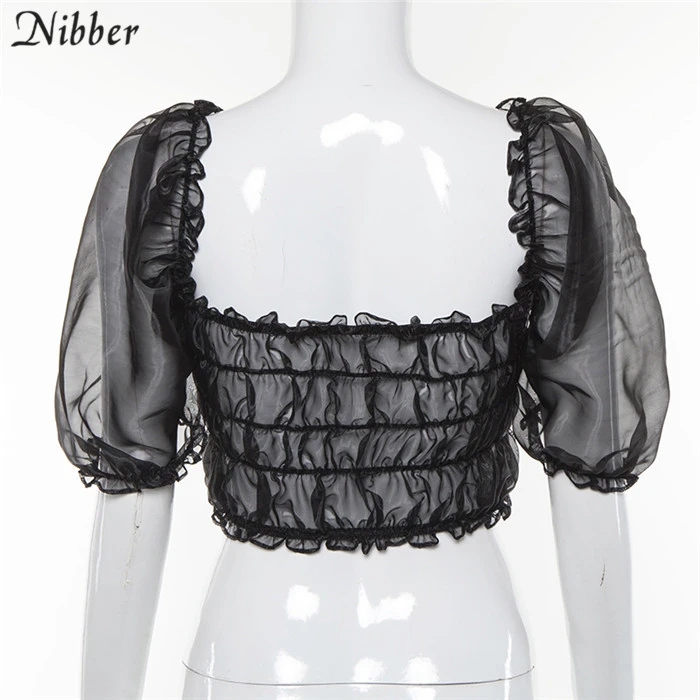 Nibber, новинка, черный сексуальный прозрачный женский короткий топ, летняя модная упругая футболка с коротким рукавом, Офисная Женская Повседневная футболка