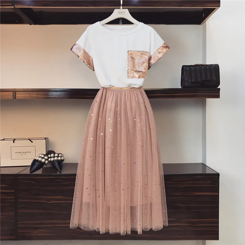 

2019 Summer Women Pink Sequined Pocket Short-sleeved Cotton T-shirt + Star Sequins Long Mesh Skirt Set Girls Cute Two-piece Sets