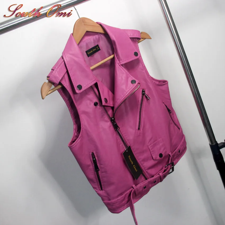 New!Pink Leather Vest Women PU Soft Vest Ladies tatical Leather