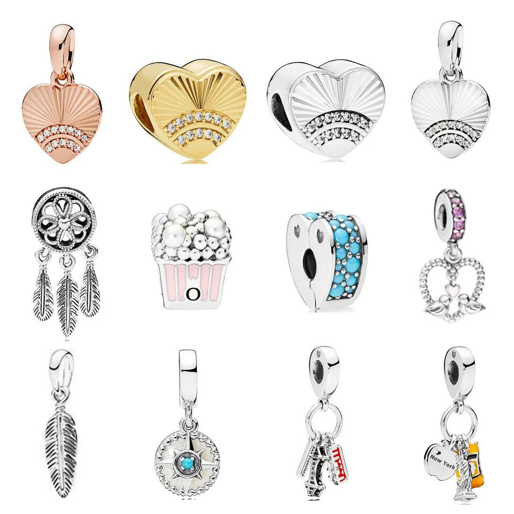 

2018 Summer Heart & Dangle Charm Beads fits for Pandora Bracelet Necklace 925 Sterling Silver Shell & Feather DIY Beads Jewelry.