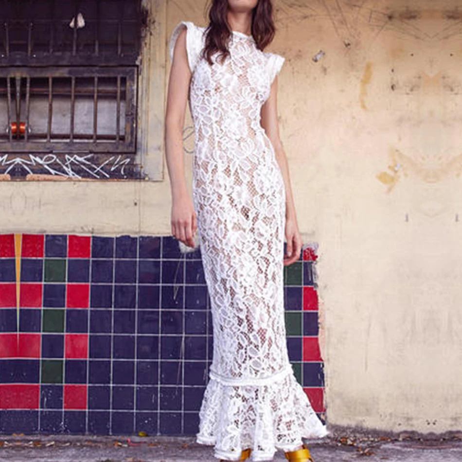 

Adyce 2019 New Summer Women Celebrity Evening Party Dress Vestidos Sexy Hollow Out White Lace Sleeveless Tank Mermaid Club Dress