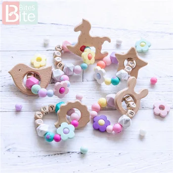 

Bite Bites 1PC 0-12 Month Baby Silicone Beads Food Grade Wooden Teether Animal Rattle for Newborn Chewable Toy Children Products