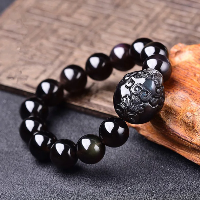 

Natural Rainbow Eye Obsidian Stone Jades Bracelets Pixiu Bracelets Hand String Bangles Men Women Fashion Jades Stone Jewerly